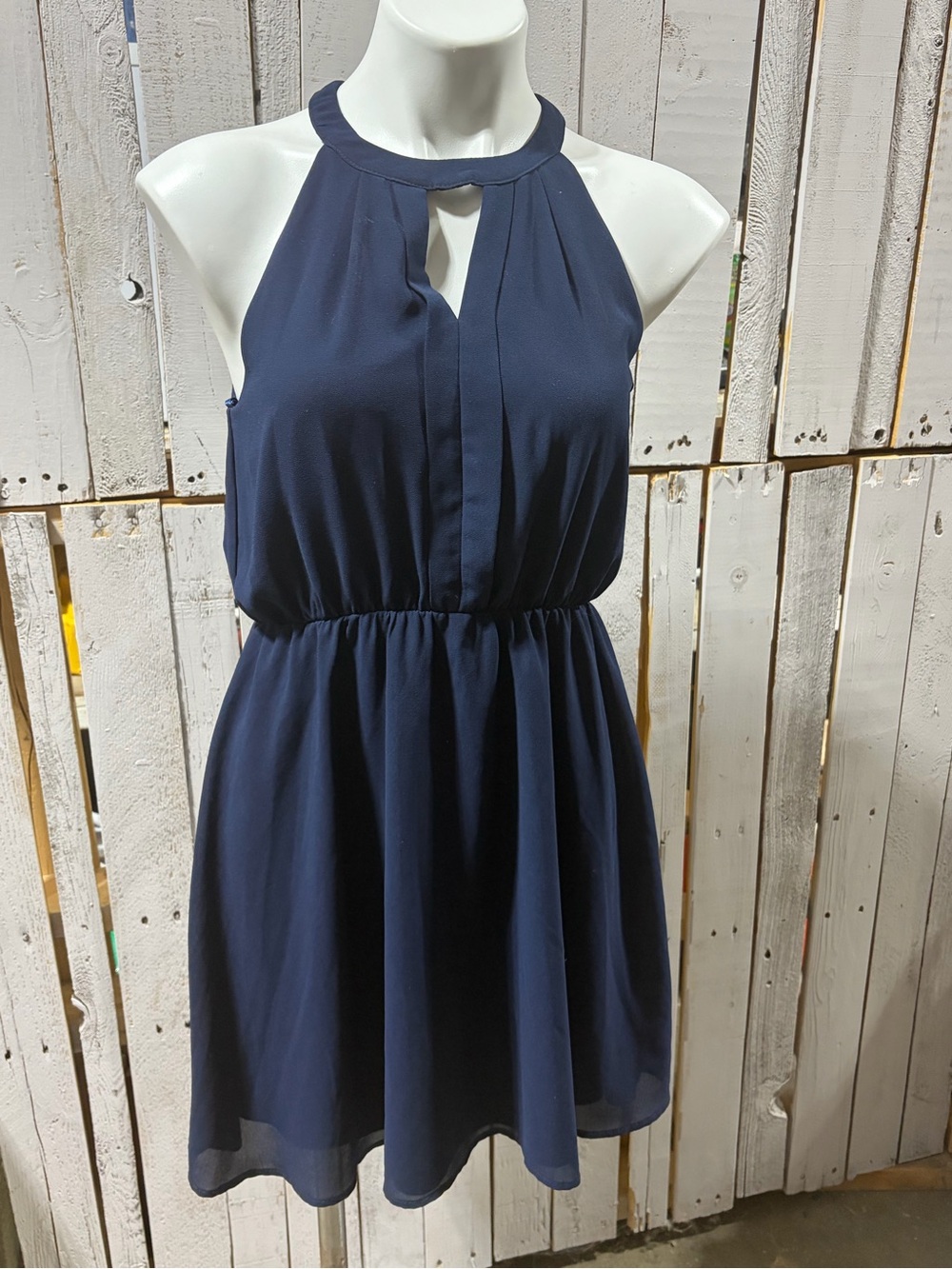 Monteau Navy Halter Keyhole Elastic Waist Mini Dress